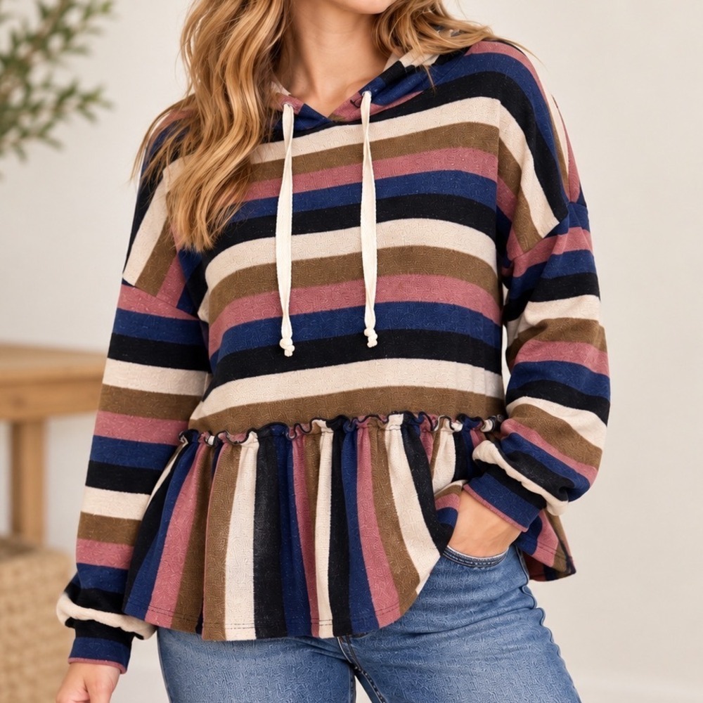 FSL Apparel Striped Peplum Hoodie Pullover M Drop Shoulder Artsy Boho Lagenlook